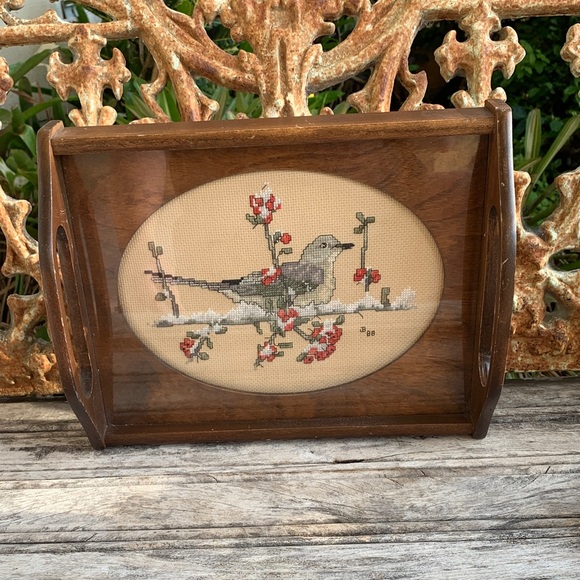 Other - Vintage Glass Framed Dove Cross-Stitch Wooden Tray